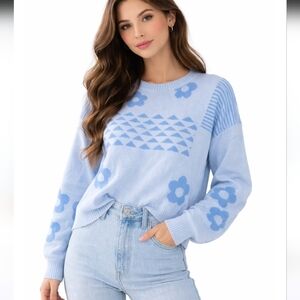 Newme Blue Crew Neck Sweater Size Large Floral Geometric Knit New